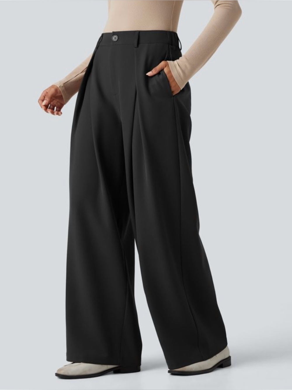 Halara High Waist Pocket Wide Leg Work Pant Trousers XL Black Pleated Office